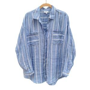 J Jill Love Linen Blue White Striped Long Sleeve Abalone Button Up Shirt Medium